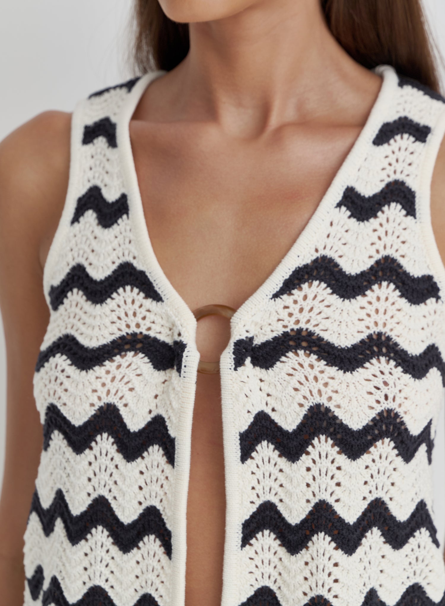 Navy And Cream Wave Crochet Tie Side Top